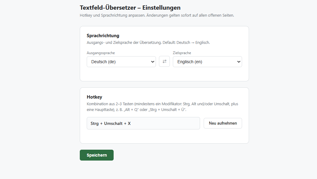 Einstellungsseite der Erweiterung: Sprachrichtung Deutsch → Englisch und individueller Hotkey Strg+Umschalt+X.