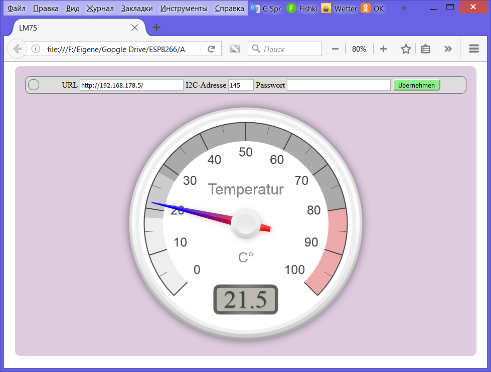 LM75 Temperatursensor per Wlan im Browser mit canv- gauge anzeigen